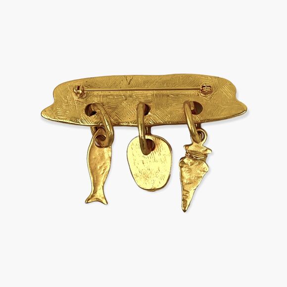 Bar Pin Brooch Gold Tone Dangle Charm Spear Head Mummy Mask Fish Textured Inset - Picture 6 of 8